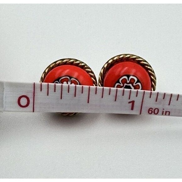 Signed XO 12k GF Orange Blue Millefiore‎ Murano Glass Cabochon Pierced Earrings - Picture 6 of 7